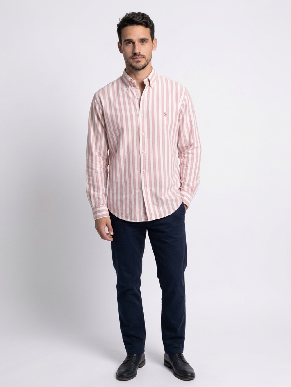 Vintage Rare Ralph Lauren Men's Pink and White Wide Striped Button-Down Oxford
